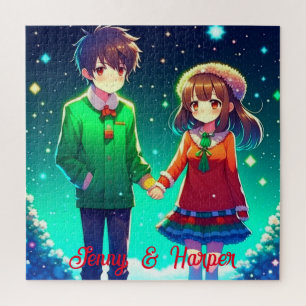 Niedliche Anime Couple Holding Hands Personalisier Puzzle