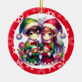 Niedliche Anime-Elfen und Schneeflocken Weihnachte Keramik Ornament (Vorne)