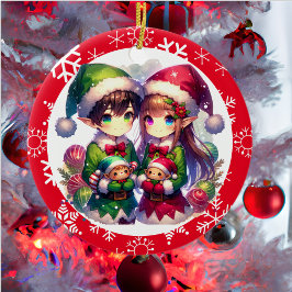 Niedliche Anime-Elfen und Schneeflocken Weihnachte Keramik Ornament