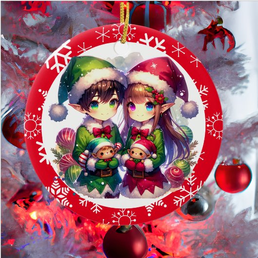 Niedliche Anime-Elfen und Schneeflocken Weihnachte Keramik Ornament