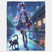 Niedliche Anime Gamer Girl & Cat | Groß Fleecedecke (Vorderseite)