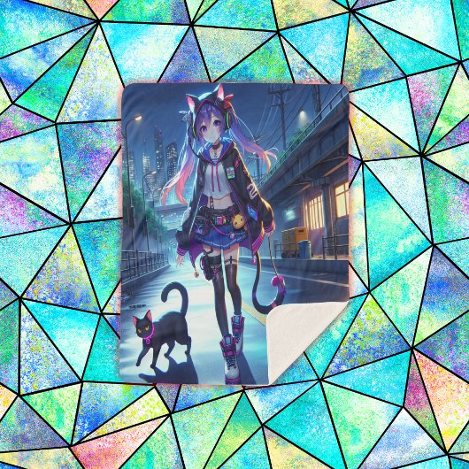 Niedliche Anime Gamer Girl & Cat | Groß Sherpadecke