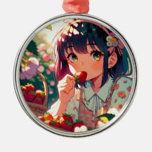 Niedliche Anime Girl Eating Erdbeeren Ornament Aus Metall