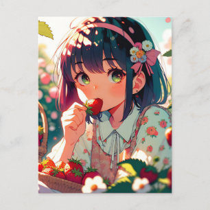 Niedliche Anime Girl Eating Erdbeeren Postkarte
