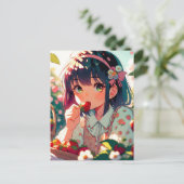 Niedliche Anime Girl Eating Erdbeeren Postkarte (Stehend Vorderseite)
