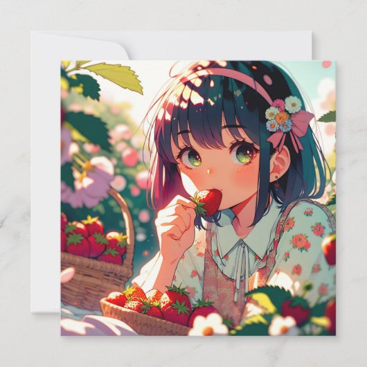 Niedliche Anime Girl Eating Erdbeeren | Sommertag (Vorderseite)