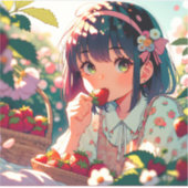 Niedliche Anime Girl Eating Erdbeeren | Sommertag Aufkleber (Vorderseite)