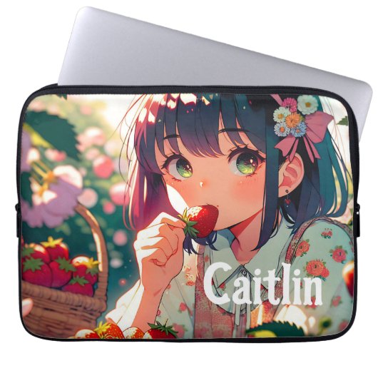 Niedliche Anime Girl Eating Erdbeeren | Sommertag Laptopschutzhülle (Vorderseite)