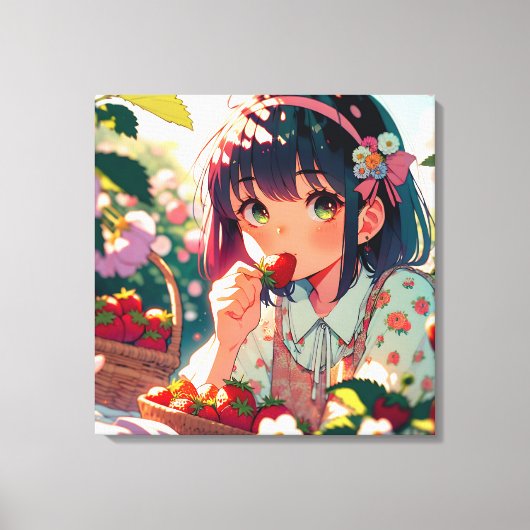Niedliche Anime Girl Eating Erdbeeren | Sommertag Leinwanddruck (Vorderseite)