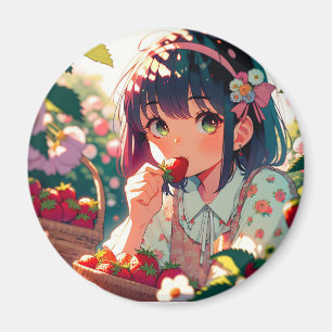 Niedliche Anime Girl Eating Erdbeeren Sommertag Magnet
