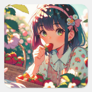 Niedliche Anime Girl Eating Erdbeeren Sommertag Quadratischer Aufkleber