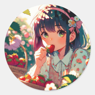 Niedliche Anime Girl Eating Erdbeeren   Sommertag Runder Aufkleber