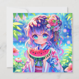 Niedliche Anime Girl Eating Watermelon