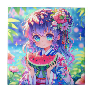 Niedliche Anime Girl Eating Watermelon Fliese