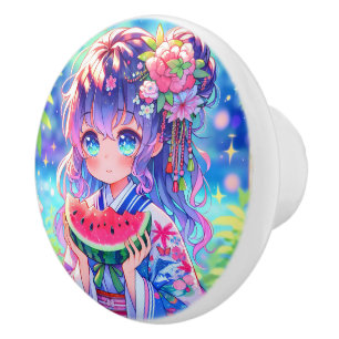 Niedliche Anime Girl Eating Watermelon Keramikknauf