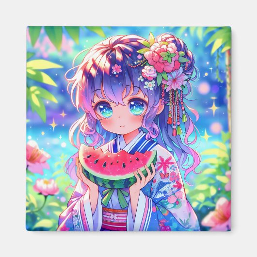 Niedliche Anime Girl Eating Watermelon Magnet (Vorne)