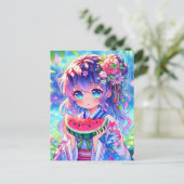 Niedliche Anime Girl Eating Watermelon Postkarte (Stehend Vorderseite)