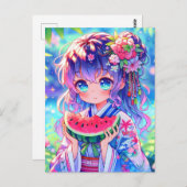 Niedliche Anime Girl Eating Watermelon Postkarte (Vorne/Hinten)
