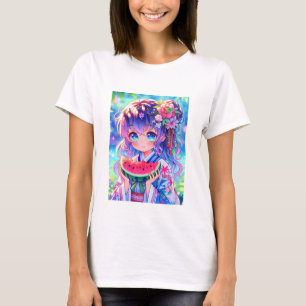 Niedliche Anime Girl Eating Watermelon T-Shirt