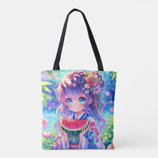 Niedliche Anime Girl Eating Watermelon Tasche (Rückseite)