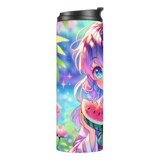Niedliche Anime Girl Eating Watermelon Thermosbecher (Nach links gedreht)