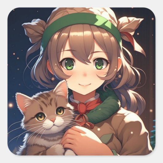Niedliche Anime Girl Holding a Kitten Weihnachten Quadratischer Aufkleber (Vorderseite)