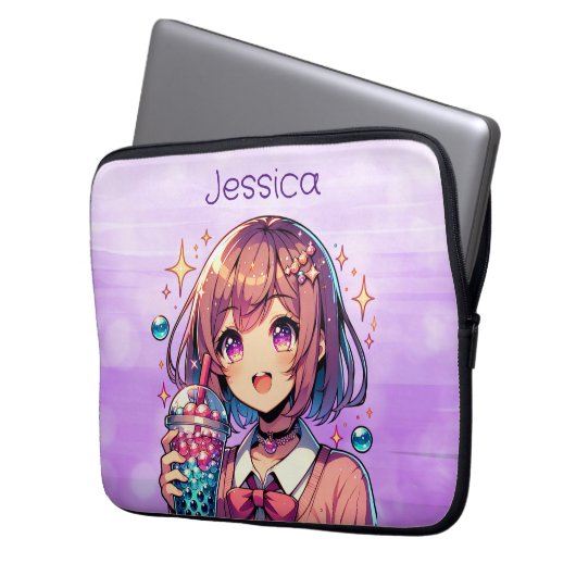 Niedliche Anime Girl Holding Bubble Tee Personalis Laptopschutzhülle (Vorderseite Links)