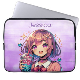 Niedliche Anime Girl Holding Bubble Tee Personalis Laptopschutzhülle