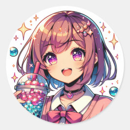 Niedliche Anime Girl Holding Bubble Tee Runder Aufkleber