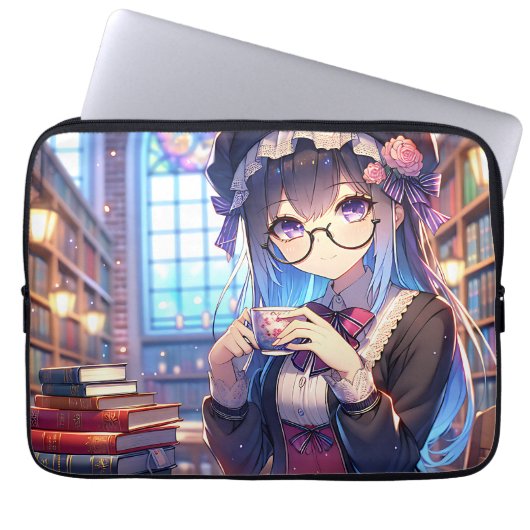 Niedliche Anime Girl in Glasses Reading Laptopschutzhülle (Vorderseite)