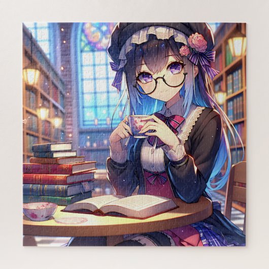 Niedliche Anime Girl in Glasses Reading Puzzle (Vertikal)