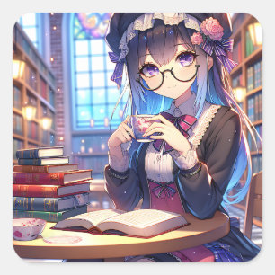 Niedliche Anime Girl in Glasses Reading Quadratischer Aufkleber