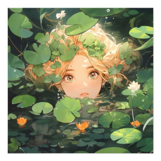 Niedliche Anime Girl in Pond Fotodruck (Vorne)