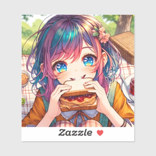Niedliche Anime Girl isst einen Erdnussbutter und  Aufkleber (Blatt)