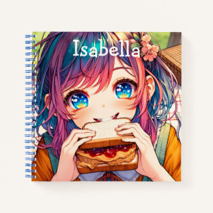 Niedliche Anime Girl isst einen Erdnussbutter und  Notizblock