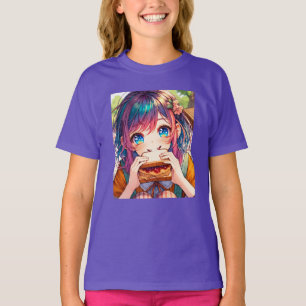 Niedliche Anime Girl isst einen Erdnussbutter und  T-Shirt