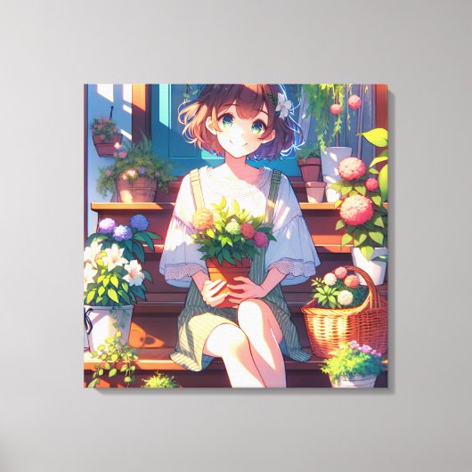 Niedliche Anime Girl mit einer Pflanze Leinwanddruck (Vorderseite)