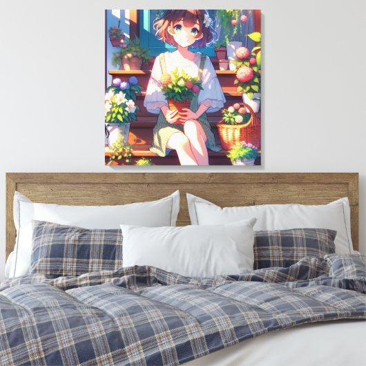 Niedliche Anime Girl mit einer Pflanze Leinwanddruck (Insitu (Schlafzimmer))