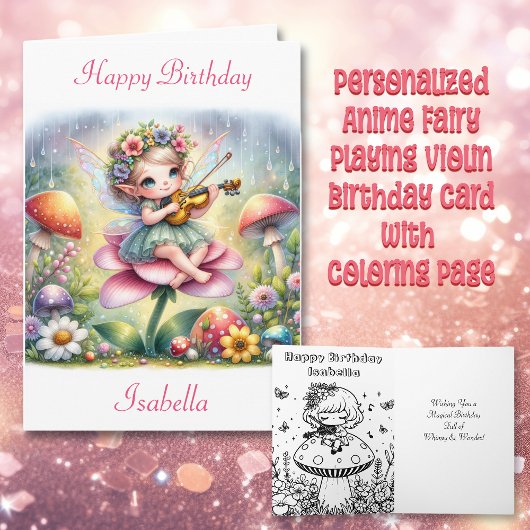 Niedliche Anime Girl mit Violine auf Pilz Geburtst Karte
