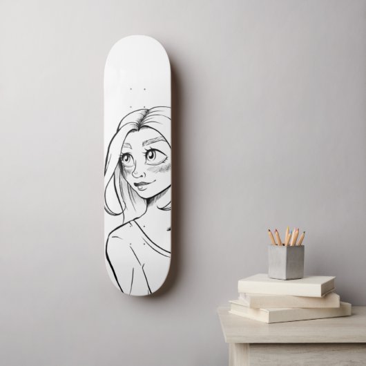 Niedliche Anime Girl Schwarz-weiß Illustration Skateboard (Wandkunst)