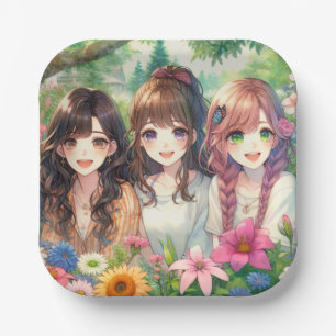 Niedliche Anime Girls Geburtstagsparty Pappteller
