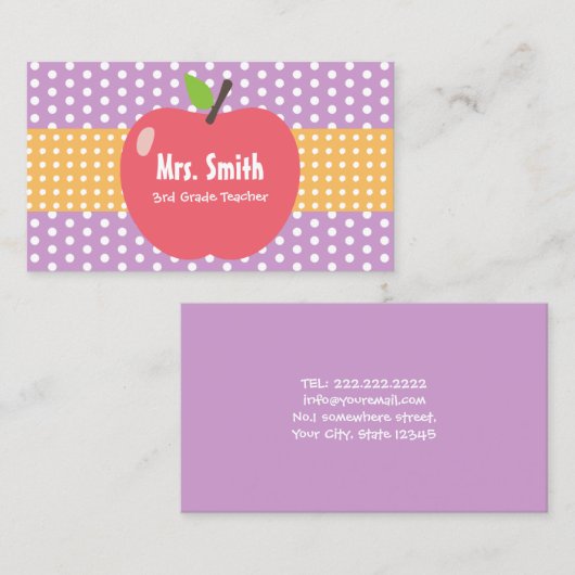 Niedliche Apple Lavendel Dots Teacher Business Car Visitenkarte (Vorne/Hinten)