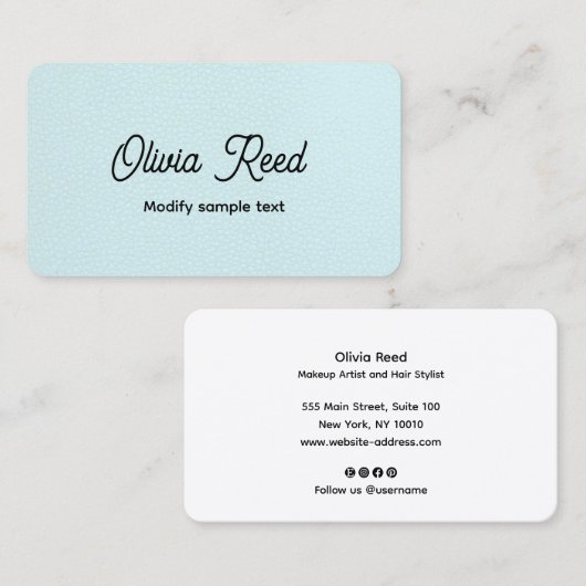 Niedliche Aqua Blue Leather Retro Script Business Visitenkarte (Vorne/Hinten)