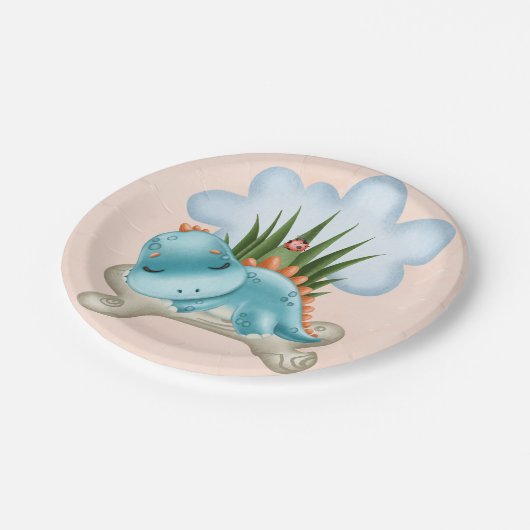 Niedliche Aquamarine Burnt Orange Dinosaur Babydus Pappteller (Schrägansicht)