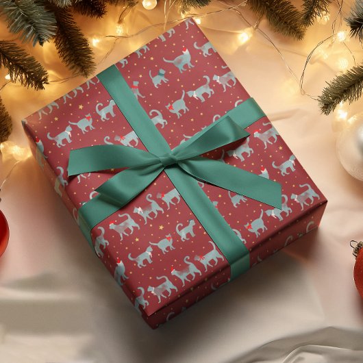 Niedliche Aquamarine Cat-Silhouetten zu Weihnachte Geschenkpapier