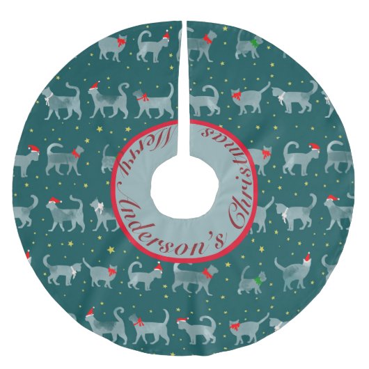 Niedliche Aquamarine Cat-Silhouetten zu Weihnachte Polyester Weihnachtsbaumdecke (Vorderseite)