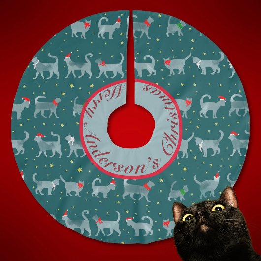 Niedliche Aquamarine Cat-Silhouetten zu Weihnachte Polyester Weihnachtsbaumdecke