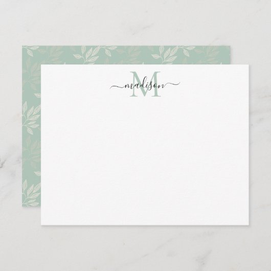 Niedliche Aquamarine Green Floral Blätter Monogram Mitteilungskarte (Vorne/Hinten)