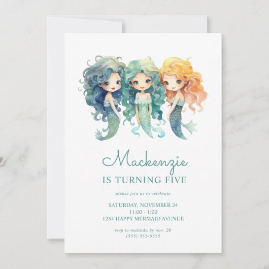 Niedliche Aquamarine Mermaid Birthday Party Einladung (Vorderseite)