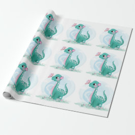 Niedliche Aquamarine Pink Dinosaur Butterfly Girl  Geschenkpapier
